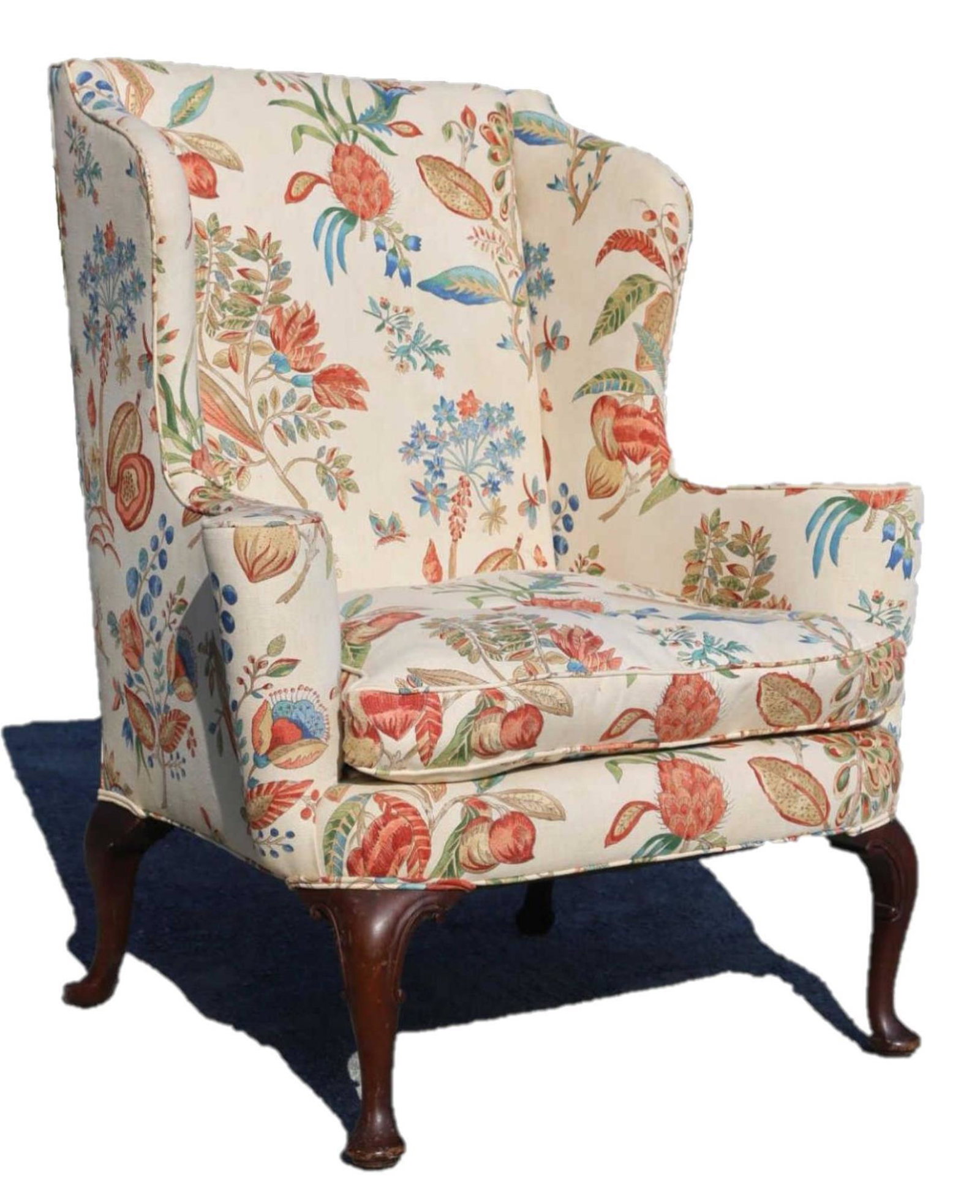 BRUNSCHWIG & FILS UPHOLSTERED ANTIQUE WINGBACK: BRUNSCHWIG & FILS CUSTOM UPHOLSTERED ANTIQUE WINGBACK Height 42 Width 35