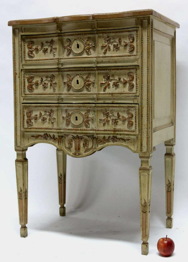 FRENCH FINE CARVED PAINT DECORATED COMMODE STAND: FRENCH FINE CARVED PAINT DECORATED COMMODE STAND WITH FAUX MARBLE TOP Height 36 IN