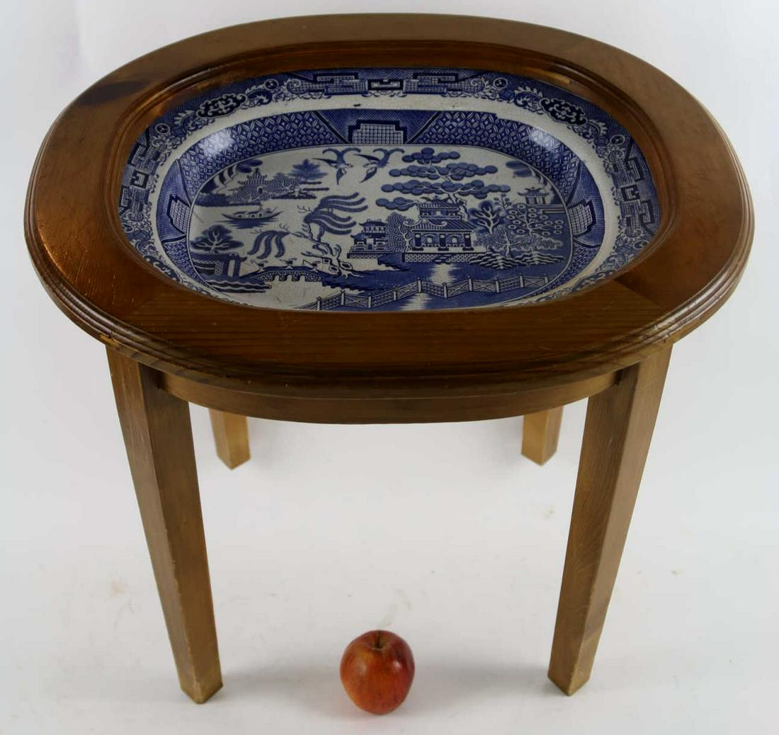 ANTIQUE ENGLISH WILLOW PLATTER LOW SIDE TABLE: ANTIQUE ENGLISH WILLOW PLATTER LOW SIDE TABLE Height 18.5 Width 20