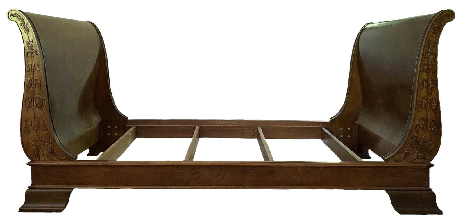 HENREDON FINE BURL WALNUT CARVED SLEIGH BED: HENREDON FINE BURL WALNUT CARVED SLEIGH BED