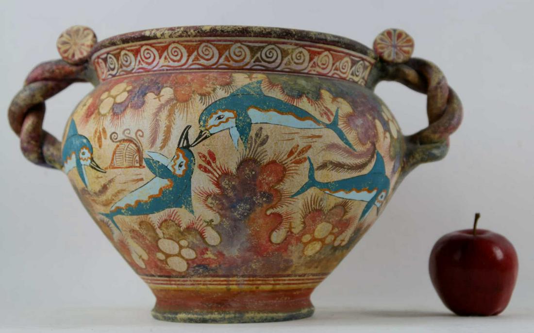 HAND PAINTED 16" TERRACOTTA TWIN HANDLE VESSEL: HAND PAINTED TERRACOTTA TWIN HANDLE VESSEL Height 9 Width 16 in