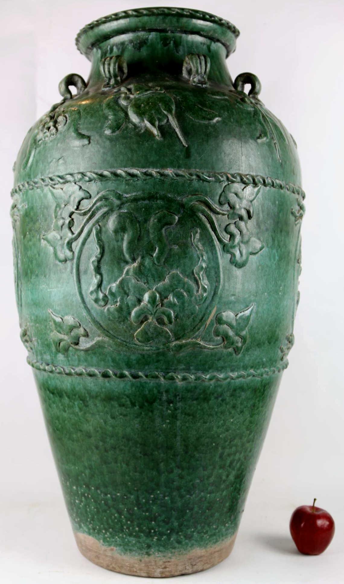 CHINESE ANTIQUE 31" CELADON MARTABAN STORAGE JAR: 31" SOUTHERN CHINESE FLAMBÉ GLAZED CELADON MARTABAN STORAGE JAR Height 31
