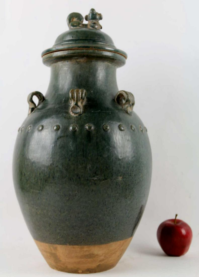 CHINESE FLAMBÉ GLAZED CELADON MARTABAN STORAGE JAR: SOUTHERN CHINESE ANTIQUE 21" FLAMBÉ GLAZED CELADON MARTABAN LIDED STORAGE JAR Height 21