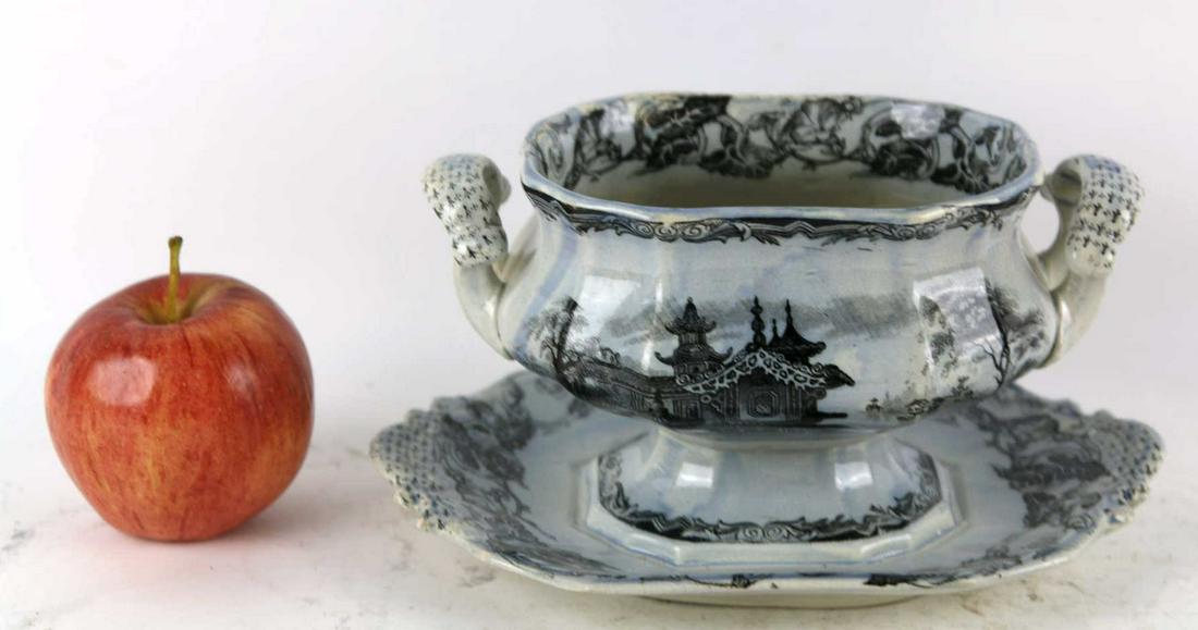 MULBERRY ANTIQUE SAUCE TUREEN: MULBERRY ANTIQUE SAUCE TUREEN Height 5 Width 9