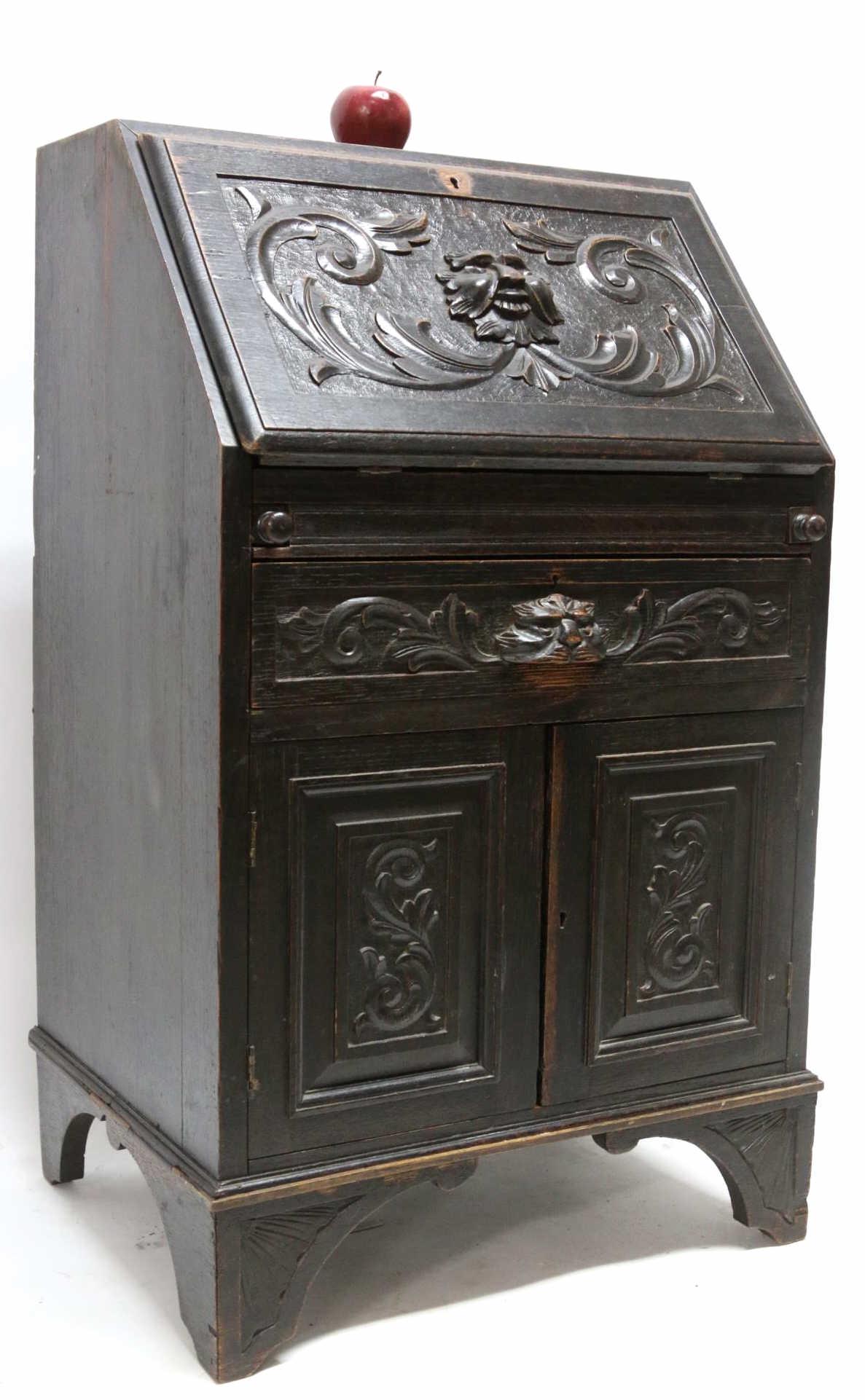 ENGLISH ANTIQUE HAND CARVED SLANT FRONT DESK: ENGLISH ANTIQUE HAND CARVED SLANT FRONT DESK Height 37 Width 22