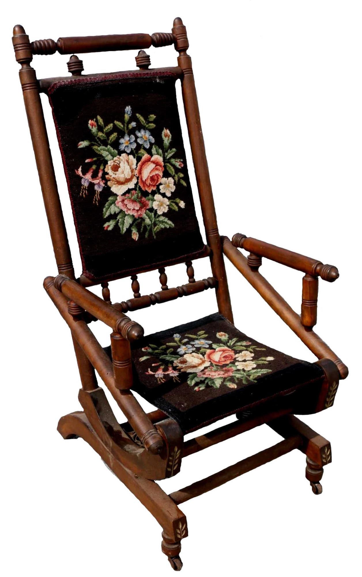 VICTORIAN NEEDLEPOINT WALNUT ACORN ROCKER: VICTORIAN NEEDLEPOINT WALNUT ACORN ROCKER Condition Report GOOD Height 41 Width 21