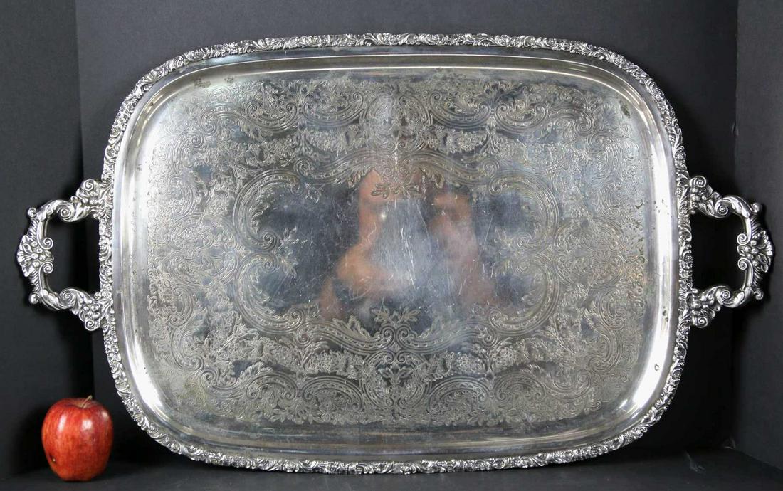 FINE ANTIQUE 27" TWIN HANDLE SILVERPLATE TRAY: FINE ANTIQUE 27" TWIN HANDLE SILVERPLATE TRAY Condition Report GOOD Height 27 Width 16.5 in