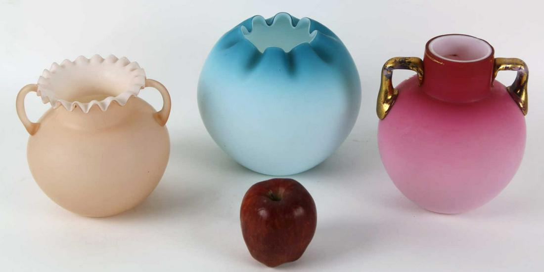 FINE ANTIQUE SATIN GLASS VASE GROUPING: FINE ANTIQUE SATIN GLASS VASE GROUPING Condition Report GOOD