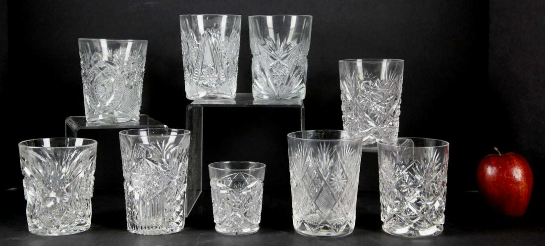 AMERICAN BRILLIANT MISC. CUT GLASS LIBATION GROUP: AMERICAN BRILLIANT MISC. PATTERNS CUT GLASS LIBATION GROUP Condition Report GOOD