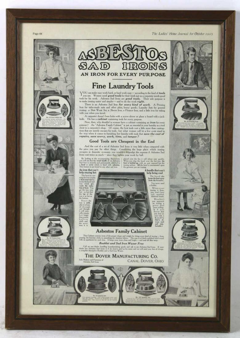 ASBESTOS ANTIQUE WHITE GOODS FRAMED ADVERTISING: ASBESTOS IRONS ANTIQUE WHITE GOODS FRAMED ADVERTISING Condition Report GOOD Height 12