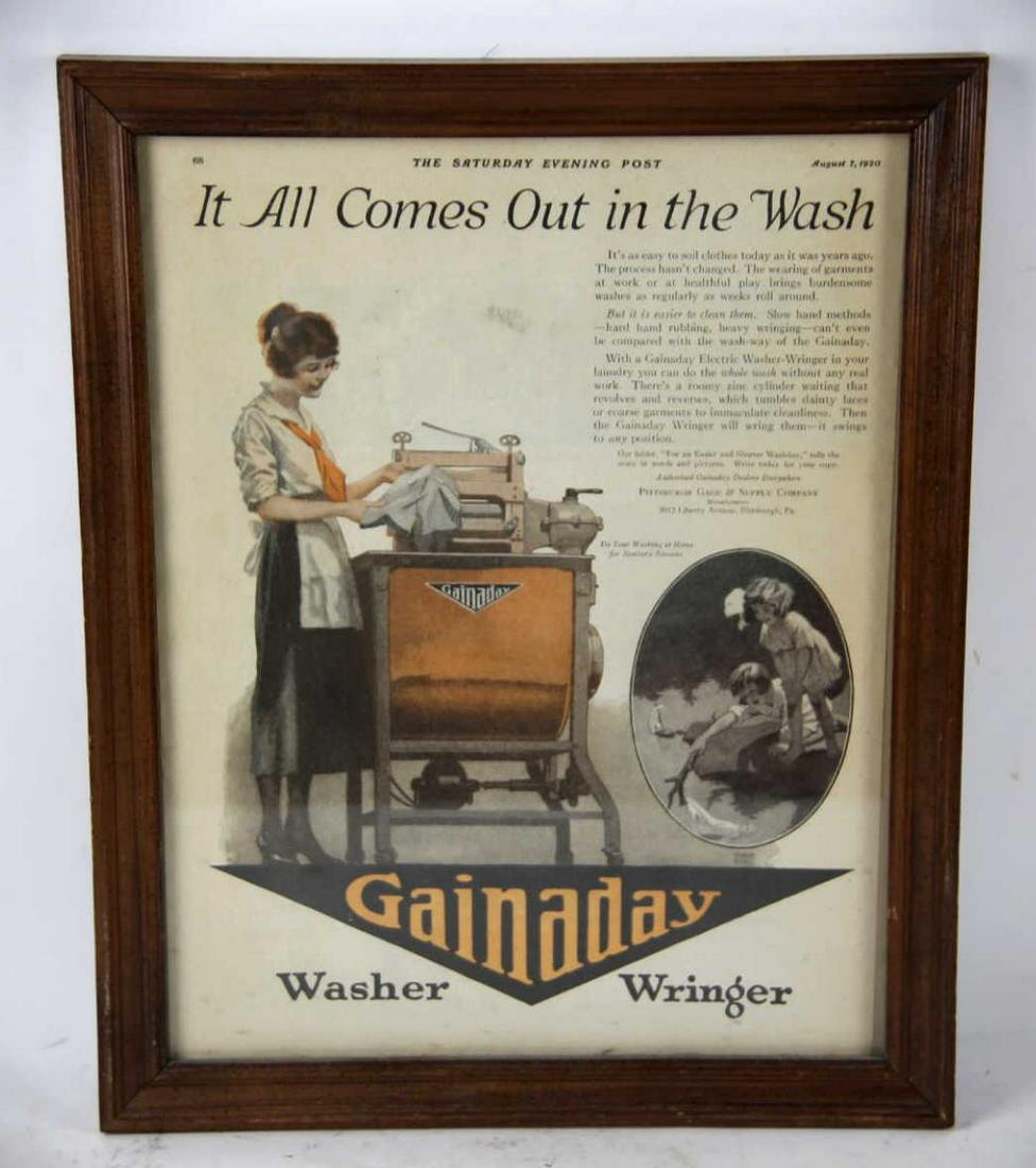 GAINADAY ANTIQUE FRAMED WHITE GOODS ADVERTISEMENT: GAINADAY ANTIQUE FRAMED WHITE GOODS ADVERTISEMENT Condition Report GOOD Height 15.5