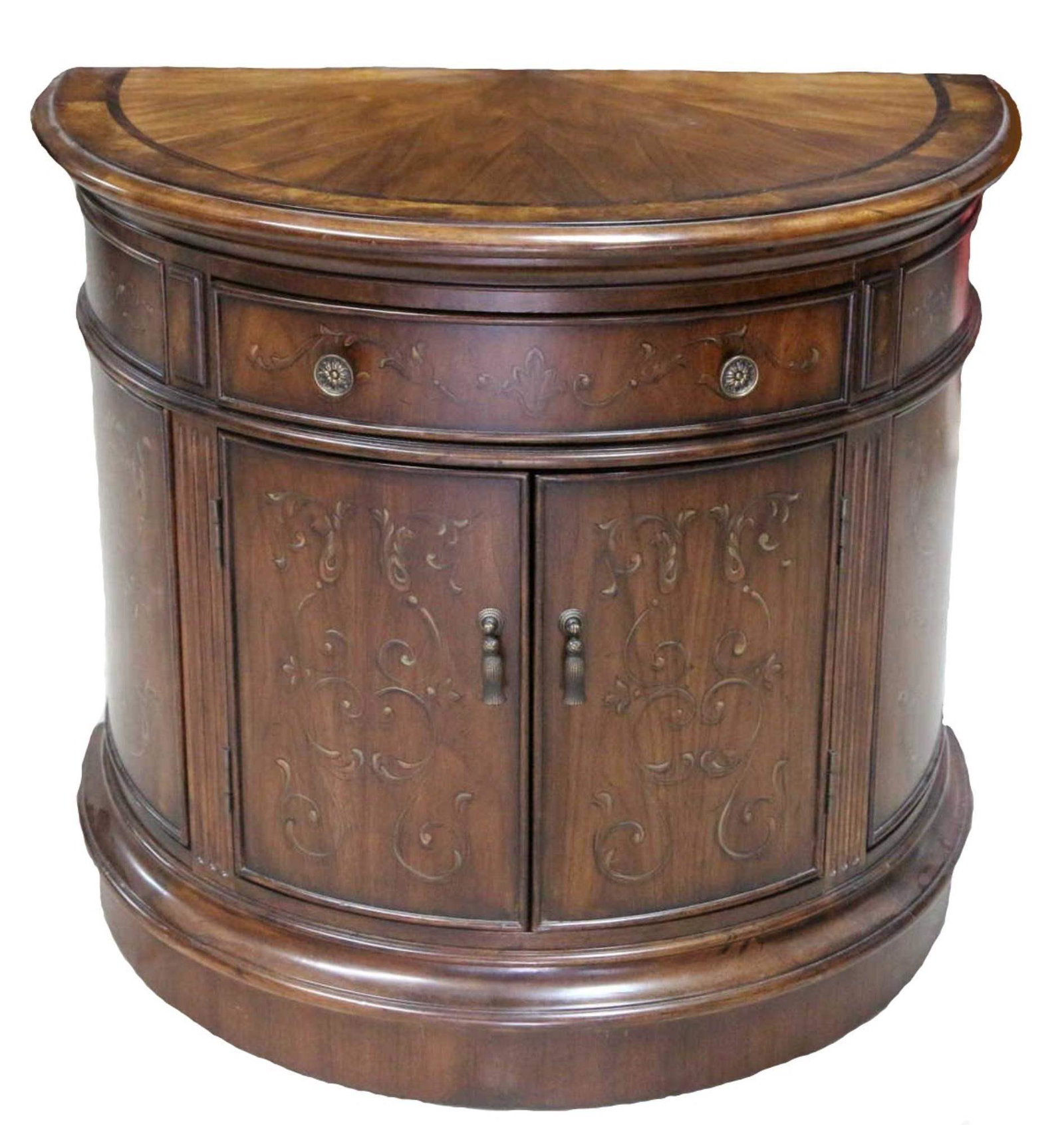 FINE INLAID & CROSS BANDED DEMILUNE CONSOLE: FINE MODERN INLAID & CROSS BANDED DEMILUNE CONSOLE Condition Report GOOD