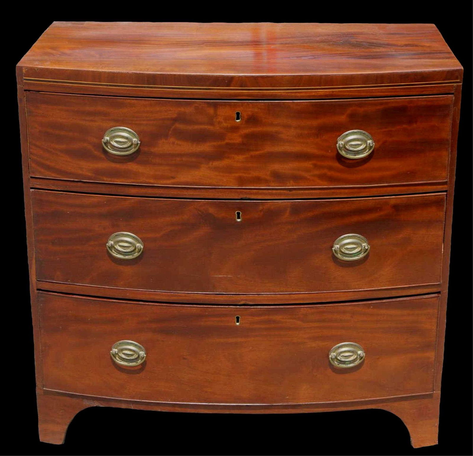 ENGLISH FINE ANTIQUE BOWFRONT MAHOGANY CHEST: ENGLISH ANTIQUE THREE DRAWER MAHOGANY CHEST OF DRAWERS Condition Report GOOD Height 36 Width 36 Depth 20 in