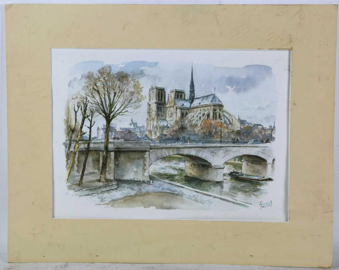 GERARD MEYER FRENCH NOTRE DAME SIGNED WATERCOLOR: WATERCOLOR OF NOTRE DAME SIGNED GERARD MEYER, UNFRAMED Condition Report GOOD Height 16 Width 20 in