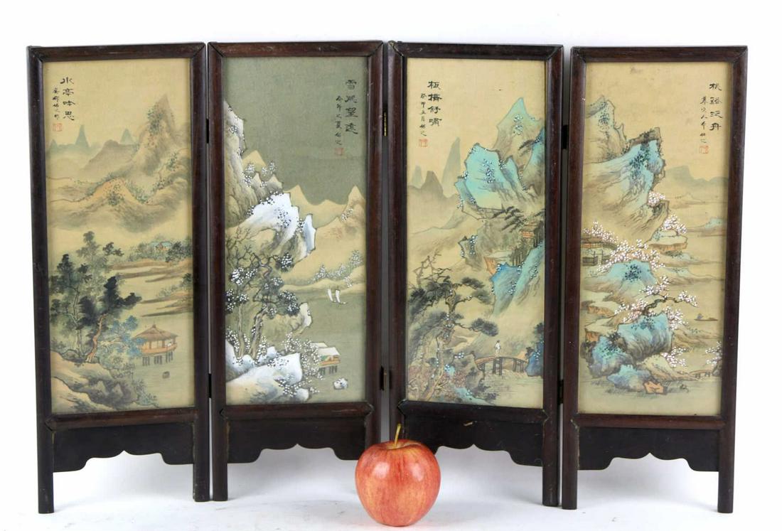 CHINESE ANTIQUE 15" FOUR PANEL TABLE SCREEN: CHINESE ANTIQUE 15" FOUR PANEL TABLE SCREEN Condition Report GOOD Height 15 Width 5.5 in