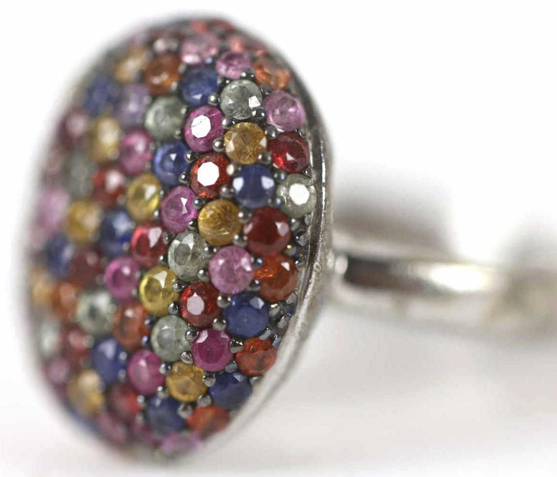EFFY STERLING SILVER RAINBOW PAVE CUSTOM RING: STERLING SILVER RAINBOW OF RUBY AND SAPPHIRE COLORED PAVE STONES CUSTOM RING Condition Report GOOD