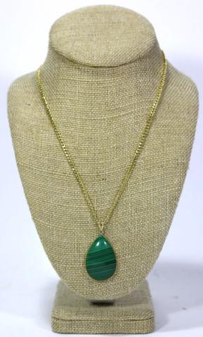 14KYG & MALACHITE CABOCHON PENDANT: 14KYG & MALACHITE CABOCHON PENDANT 2 X 1" Condition Report VERY FINE