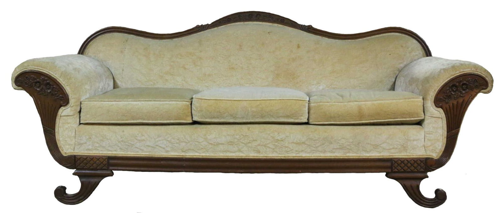 FINE DUCAN PHYFE HAND CARVED FLORAL ARM SOFA: EMPIRE ANTIQUE MAHOGANY HAND CARVED SOFA ATTRIBUTED TO THOMAS DAY Condition Report GOOD
