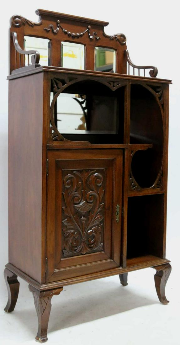 FRENCH ART NUEVEAU ANTIQUE HAND CARVED VANITY: ENGLISH EDWARDIAN ANTIQUE HAND CARVED VANITY Condition GOOD H 55 W 26 D 14 IN