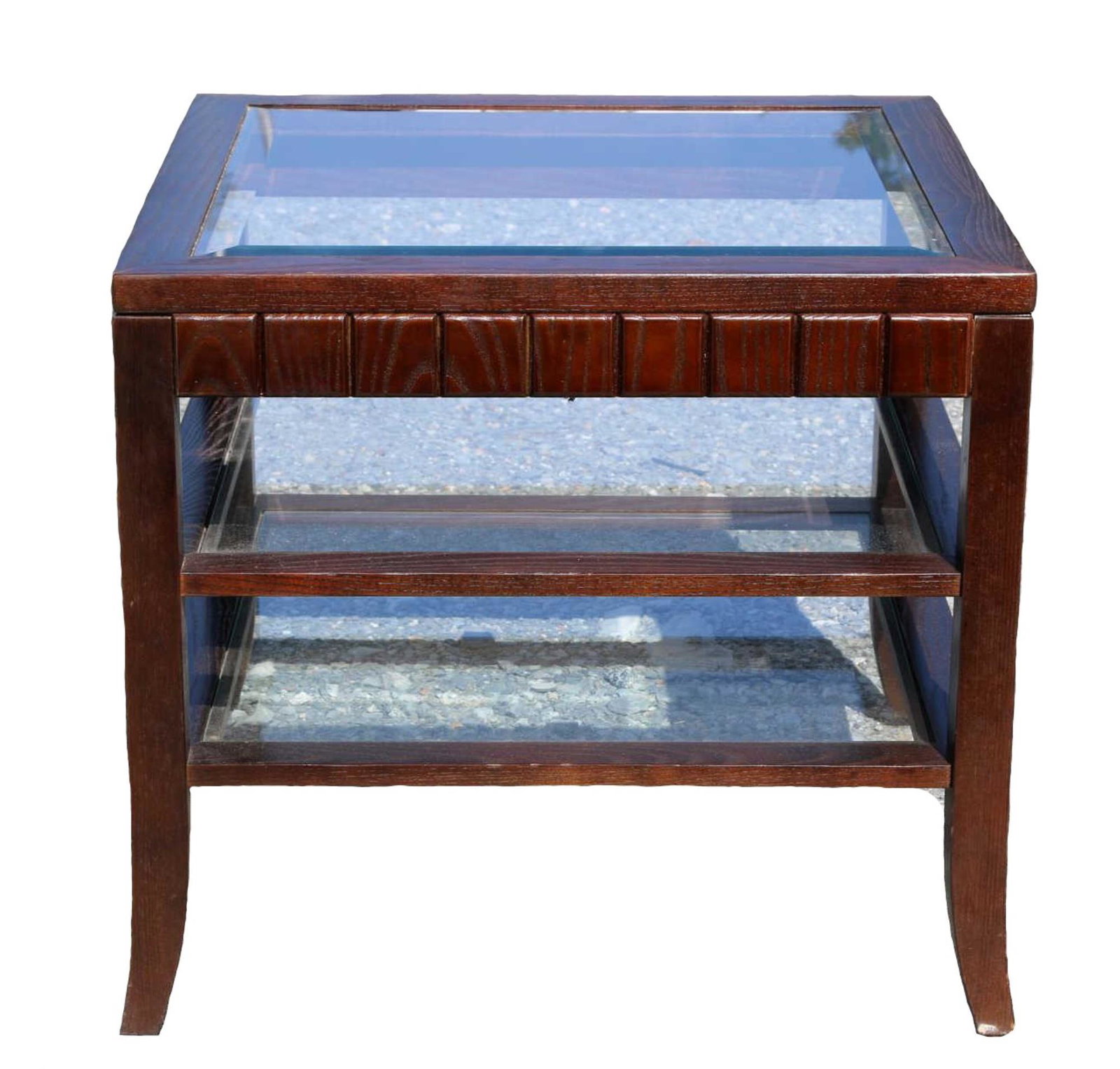 MODERN MAHOGANY THREE TIER SQUARE TABLE: MODERN MAHOGANY LARGE BEVELED GLASS THREE TIER SQUARE TABLE Condition GOOD H 24 W 27 D 27 IN