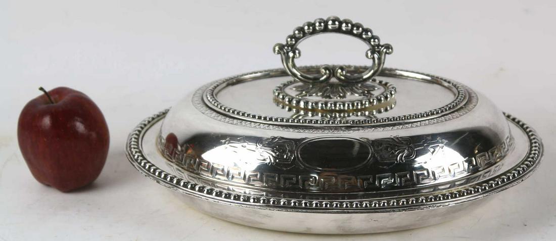 ENGLISH ANTIQUE SILVERPLATE COVERED VEGETABLE: ENGLISH ANTIQUE SILVERPLATE COVERED VEGETABLE Condition GOOD H 5 W 12 D 9 IN