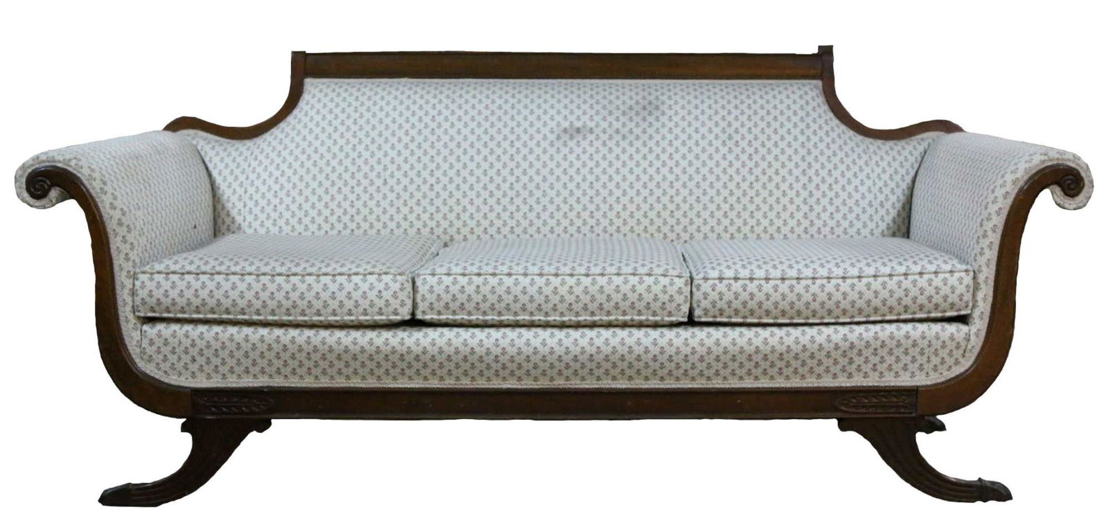 ANTIQUE DUNCAN PHYFE MAHOGANY SOFA: ANTIQUE DUNCAN PHYFE MAHOGANY SOFA Condition GOOD H 34 W 79 D 30 IN