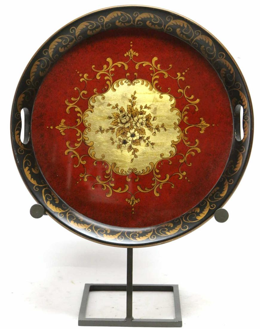 FINE HAND PAINTED 21" DECORATIVE TRAY ON STAND: FINE HAND PAINTED 21" DECORATIVE TRAY ON STAND Condition GOOD W 21 IN