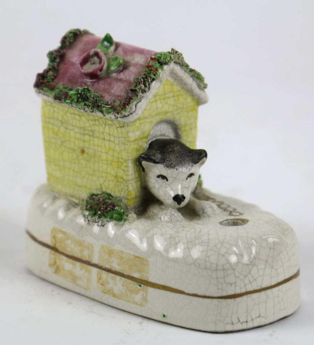 STAFFORDSHIRE ENGLISH ANTIQUE POTTERY SCULPTURE: STAFFORDSHIRE ENGLISH ANTIQUE POTTERY SCULPTURE Condition GOOD H 3 W 2.5 D 4.5 IN