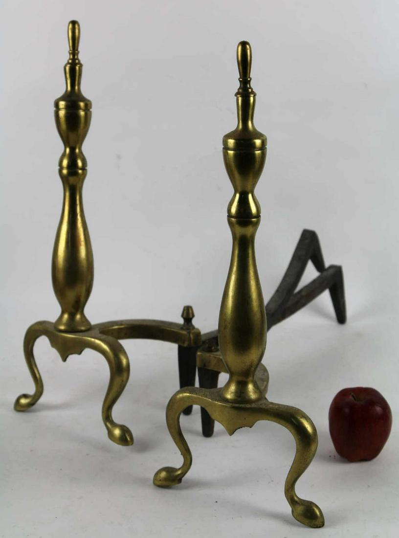 FINE ANTIQUE BRASS ANDIRONS: FINE ANTIQUE BRASS ANDIRONS Condition GOOD / ONE LOG SUPPORT BENT SLIGHTLY