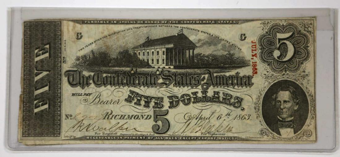 1863 RICHMOND CONFEDERATE $5 PAPER NOTE: 1863 RICHMOND CONFEDERATE $5 PAPER NOTE Condition AS FOUND