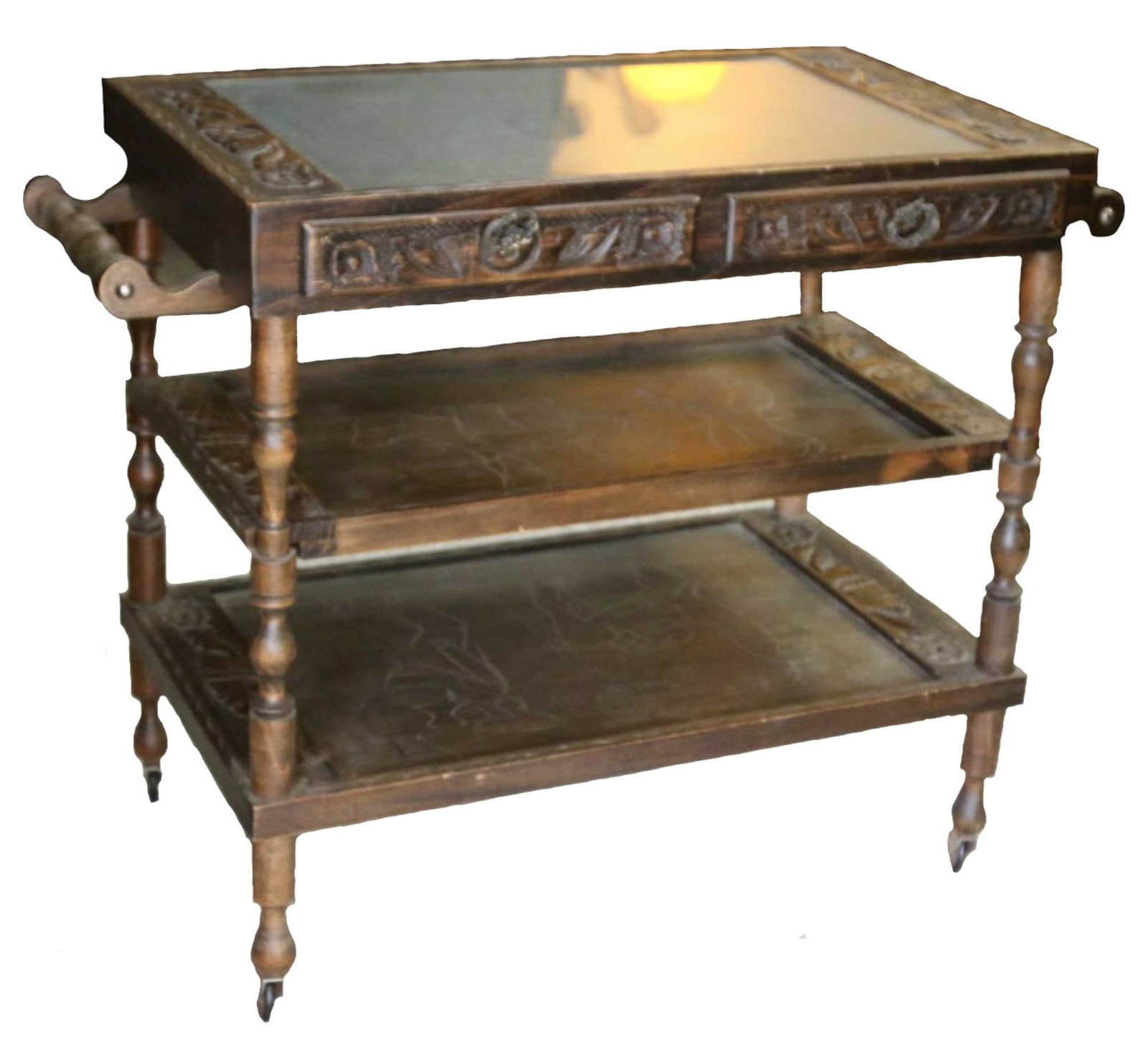 HAND CARVED ANTIQUE TRIPLE OAK TROLLEY CART: HAND CARVED ANTIQUE TRIPLE OAK TROLLEY CART Condition GOOD H 29 W 36 D 17 unit in