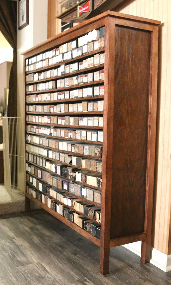 AMERICAN ANTIQUE YELLOW PINE MUSICAL SCROLL STAND: VERY RARE AMERICAN ANTIQUE YELLOW PINE TALL MUSICAL SCROLL STAND WITH 13 SHELVES, TOP SHELF IS DOUBLE HEIGHT TO OTHER SHELVES, PIANO ROLLS NOT INCLUDED IN LOT