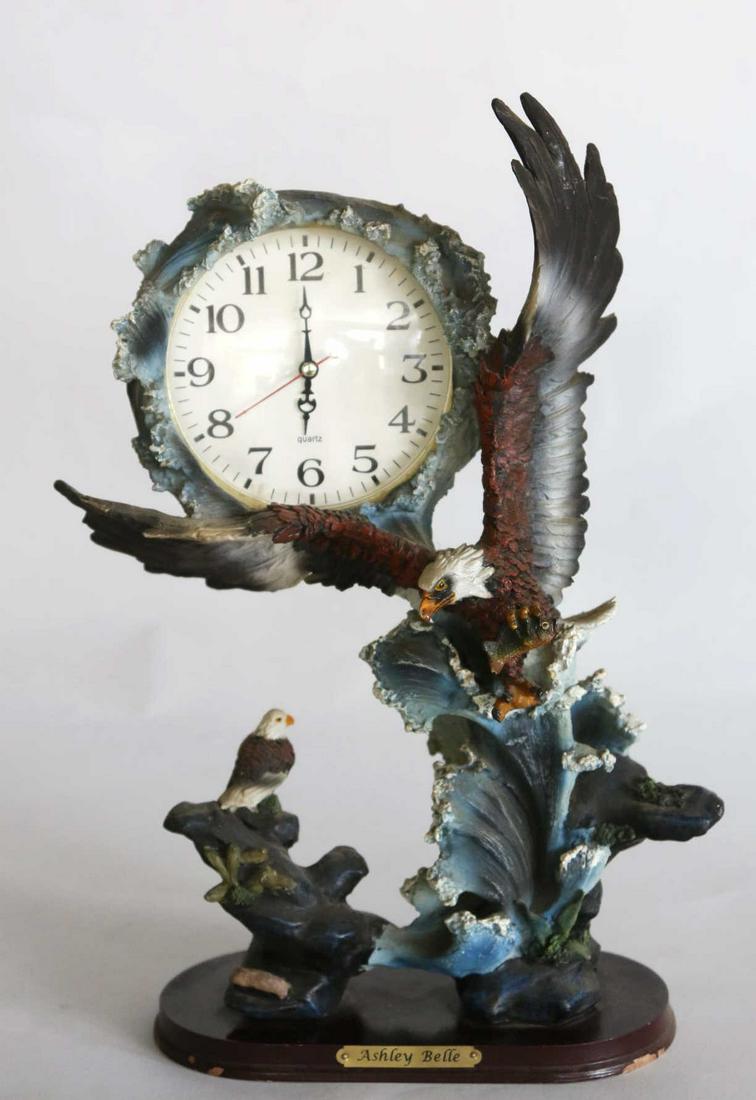 AMERICAN 17" BALD EAGLE CAST ASHLEY BELLE CLOCK: AMERICAN 17" BALD EAGLE CAST ASHLEY BELLE CLOCK Condition GOOD H 16 W 10 D 6 unit in