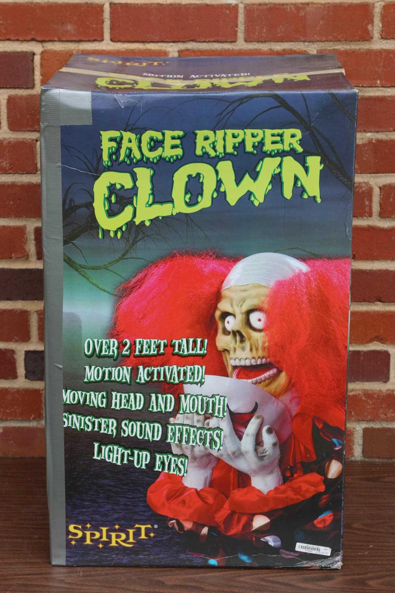 FACE RIPPER MOTION ACTIVATED 2 FT TALL CLOWN: FACE RIPPER OVER 2 FT TALL MOTION ACTIVATED CLOWN WITH MOVING HEAD AND MOUTH MAKING SINISTER SOUND EFFECTS WITH LIGHT UP EYES Condition GOOD