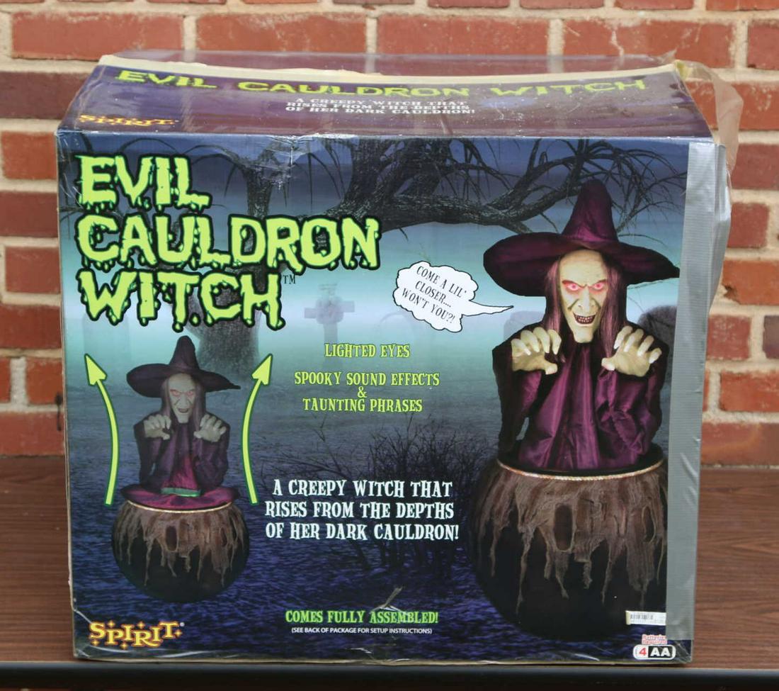SPIRIT EVIL CAULDRON WITCH WITH MOTION & SOUNDS: SPIRIT EVIL CAULDRON WITCH WITH MOTION & SOUNDS, LIGHTED EYES WITH SPOOKY SOUND EFFECTS & TAUNTING PHRASES, RISES FROM THE DEPTS OF THE DARK CAULDRON