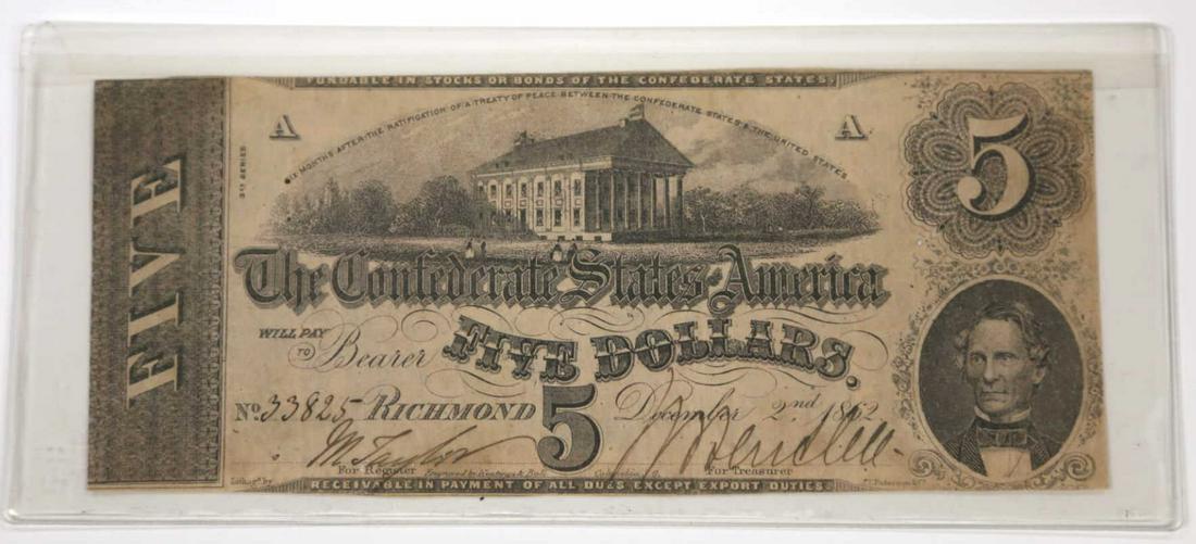 1862 RICHMOND CONFEDERATE $5 PAPER NOTE: 1862 RICHMOND CONFEDERATE $5 PAPER NOTE Condition GOOD / AS FOUND