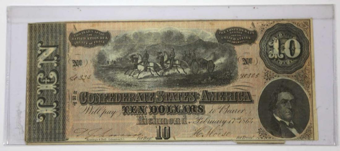 1864 RICHMOND CONFEDERATE $10 PAPER NOTE: 1864 RICHMOND CONFEDERATE $10 PAPER NOTE Condition GOOD / AS FOUND