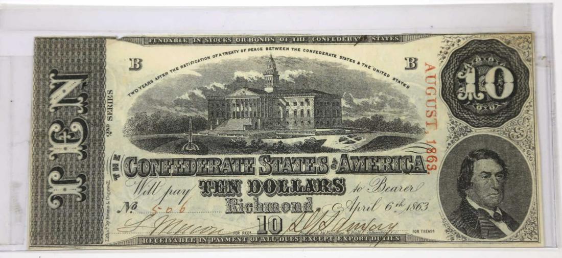 1863 RICHMOND CONFEDERATE $10 PAPER NOTE: 1863 RICHMOND CONFEDERATE $10 PAPER NOTE Condition GOOD / AS FOUND