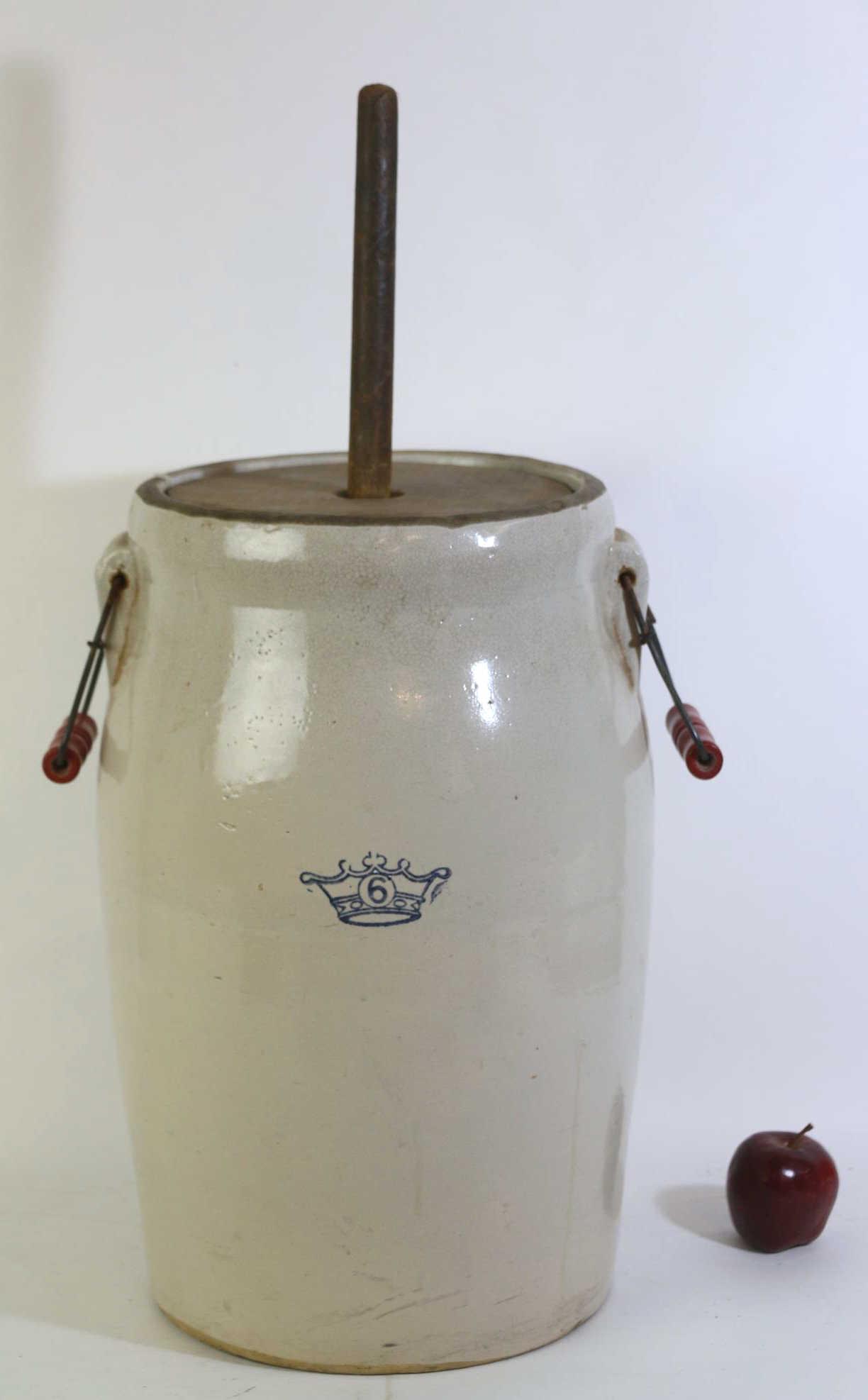 SIX GAL ANTIQUE TWIN HANDLE POTTERY CROCK CHURN: SIX GALLON ANTIQUE TWIN HANDLE POTTERY CROCK CHURN Condition GOOD H 27"
