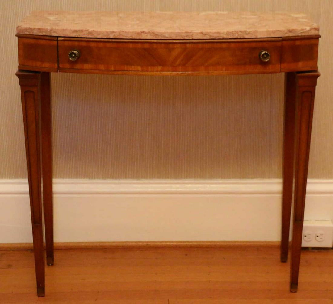 ENGLISH BANDED MAHOGANY MARBLE TOP BOW FRONT TABLE (1 of 3)