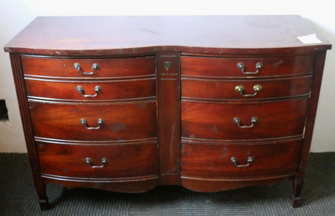 VINTAGE MAHOGANY DOUBLE BOW FRONT DRESSER: VINTAGE MAHOGANY DOUBLE BOW FRONT DRESSER Condition GOOD / ONE PULL & BAILS REPLACED / SOME WEAR FROM USE H 34 W 52 D 19 IN