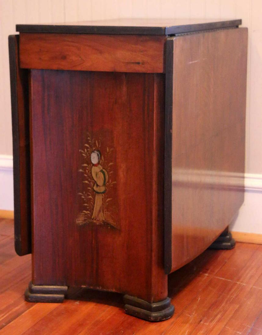 FINE ASIAN INSPIRED MAHOGANY BREAKFAST DROP TABLE: FINE ASIAN INSPIRED MAHOGANY BREAKFAST DROP TABLE WITH STENCIL DECORATION Condition GOOD H 30 W 60 IN 31 IN