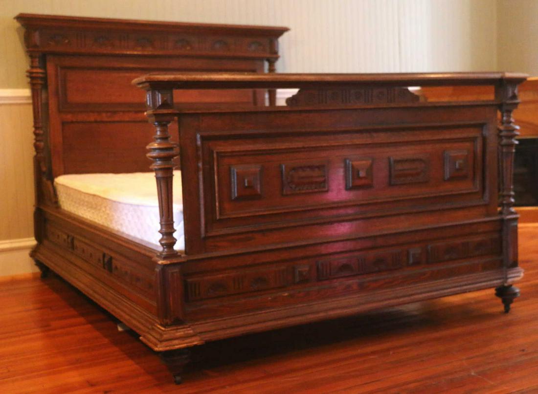ANTIQUE HAND MADE EUROPEAN BED: ANTIQUE HAND MADE EUROPEAN BED Condition GOOD / SOME MOLDNG LOSSES EXPECTED WITH AGE H 57 W 66 D 86 IN