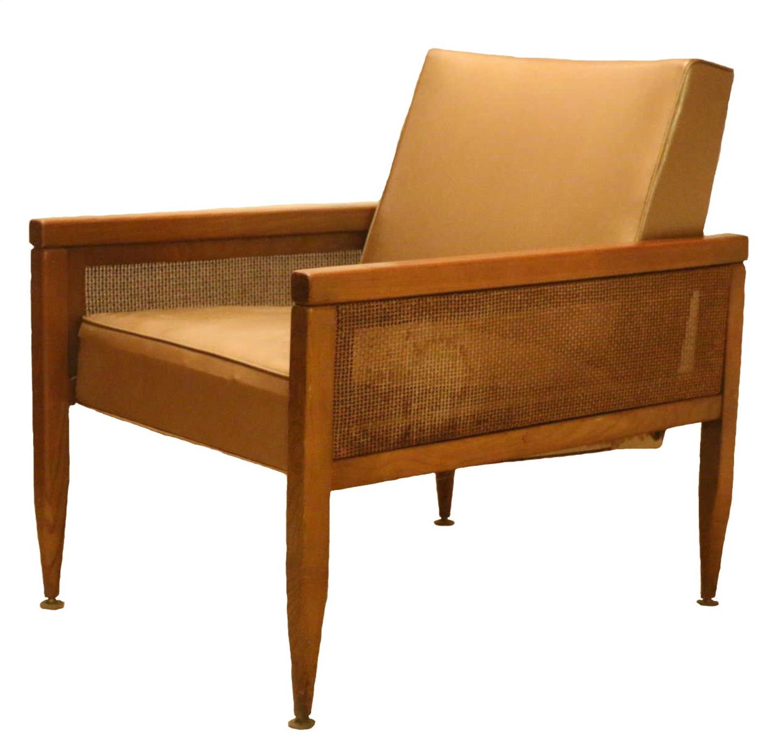 MID CENTURY MODERN CANED SIDE WALNUT CLUB CHAIR: MID CENTURY MODERN CANED SIDE WALNUT CLUB CHAIR Condition GOOD H 34 W 21 D 31 IN