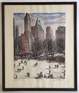 J.M GALLAIS 1964 "SKATING IN CENTRAL PARK" PRINT: J.M GALLAIS 1964 "SKATING IN CENTRAL PARK" NEW YORK PRINT Condition MOISTER RIPPLES PRESENT H 26 W 22 IN