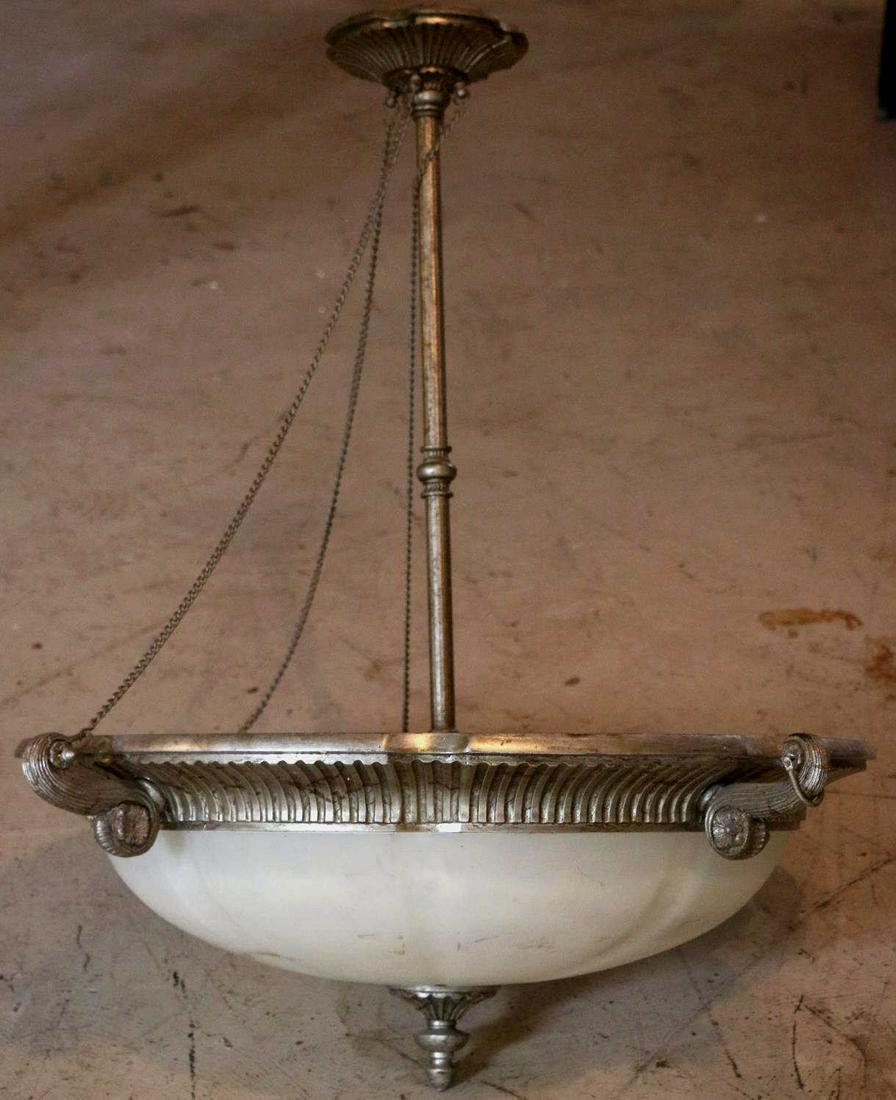 VINTAGE DOMED HANGING ALABASTER STYLE CHANDELIER: VINTAGE DOMED HANGING ALABASTER STYLE CHANDELIER Condition GOOD H 36 W 32 IN