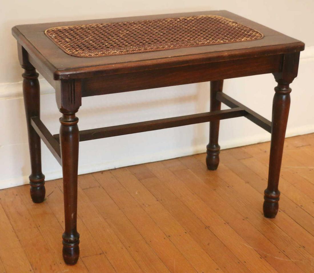 ANTIQUE AMERICAN CANED BENCH: ANTIQUE AMERICAN CANED BENCH Condition GOOD H 18 W 14 D 22 IN