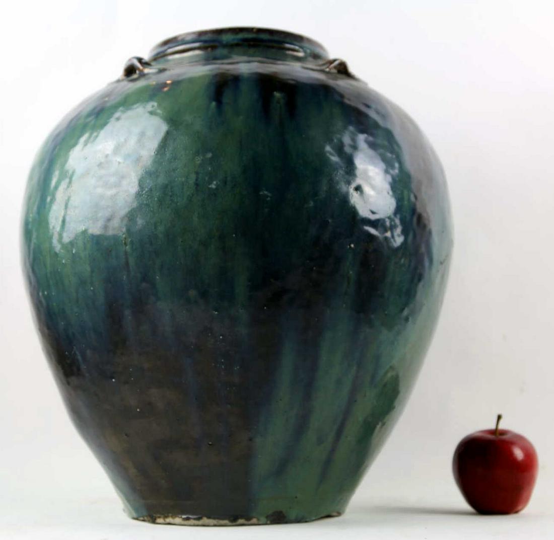 CHINESE FLAMBÉ GLAZED CELADON MARTABAN STORAGE JAR: 18" SOUTHERN CHINESE ANTIQUE FLAMBÉ GLAZED CELADON MARTABAN STORAGE JAR Condition GOOD H 16 W 18 IN