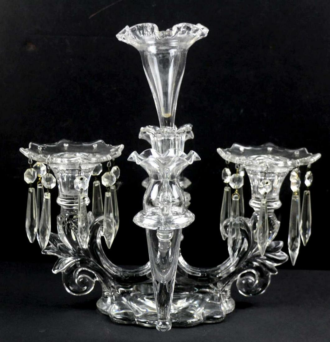 FINE PATTERN GLASS CANDLE LUSTER EPERGNE: FINE PATTERN GLASS CANDLE LUSTER EPERGNE Condition GOOD H 13 W 14 D 12 IN