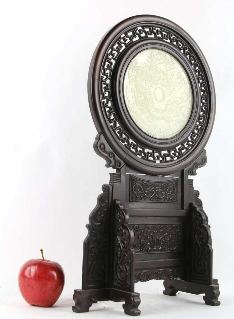 CHINESE ANTIQUE WHITE JADE & ZITAN TABLE SCREEN: CHINESE ANTIQUE WHITE JADE & ZITAN TABLE SCREEN Condition GOOD